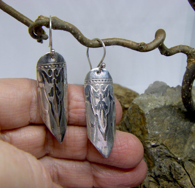 grands pendants d'oreilles argent plume style art nouveau